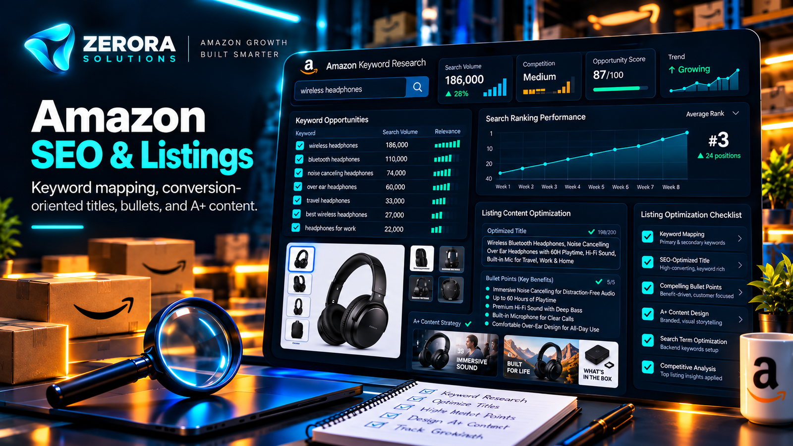 Zerora Solutions Amazon SEO and listing optimization illustration; dashboard numbers are examples