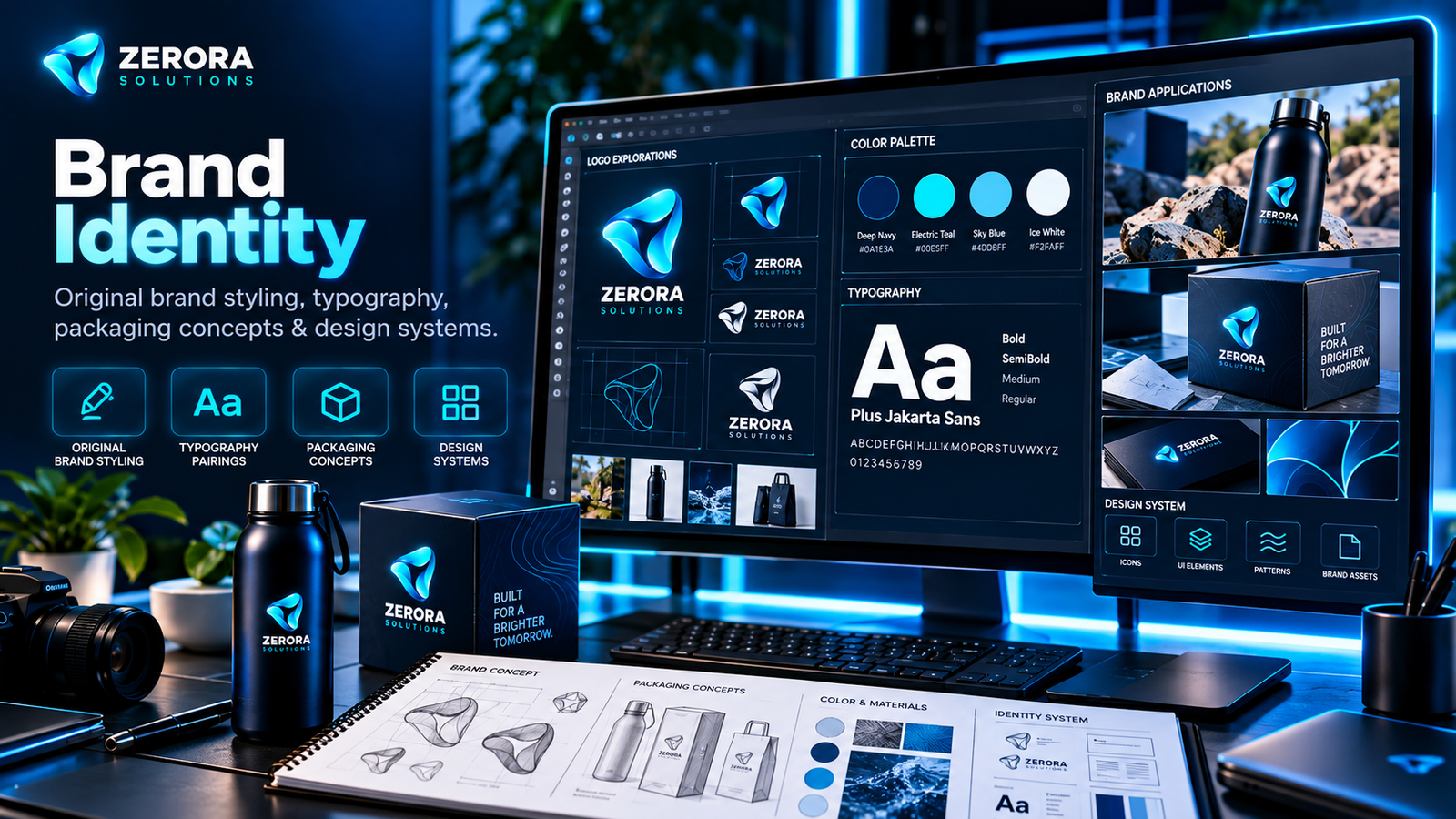 Zerora Solutions brand identity, typography and packaging design system illustration