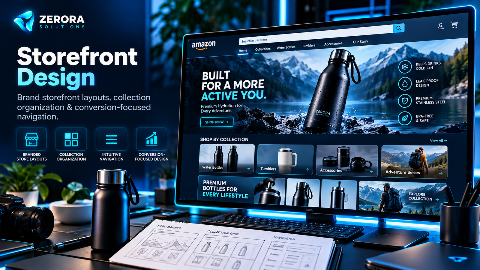 Zerora Solutions ecommerce storefront and collection navigation layout illustration