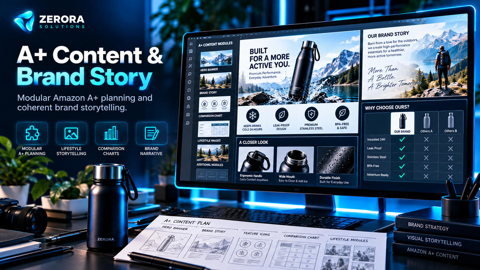 Zerora Solutions branded Amazon A+ Content and Brand Story design illustration