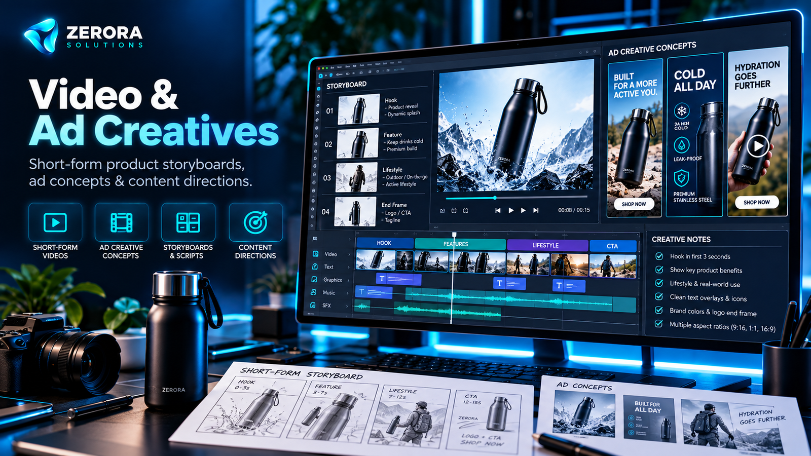 Zerora Solutions video production storyboard and advertising creative planning illustration