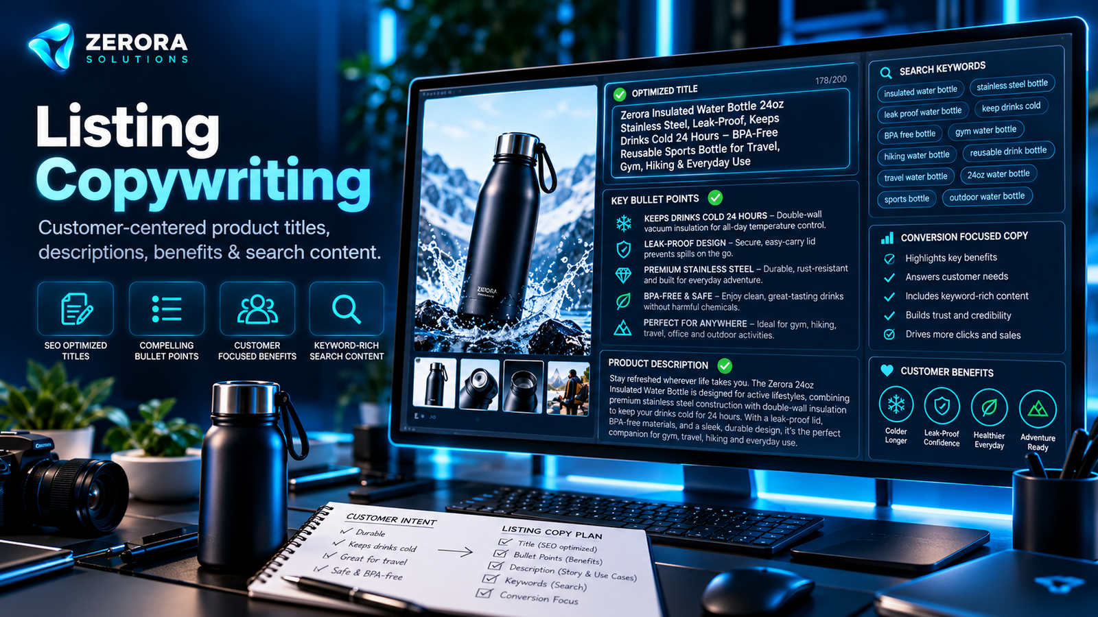Zerora Solutions listing copywriting, product titles, features and benefits illustration