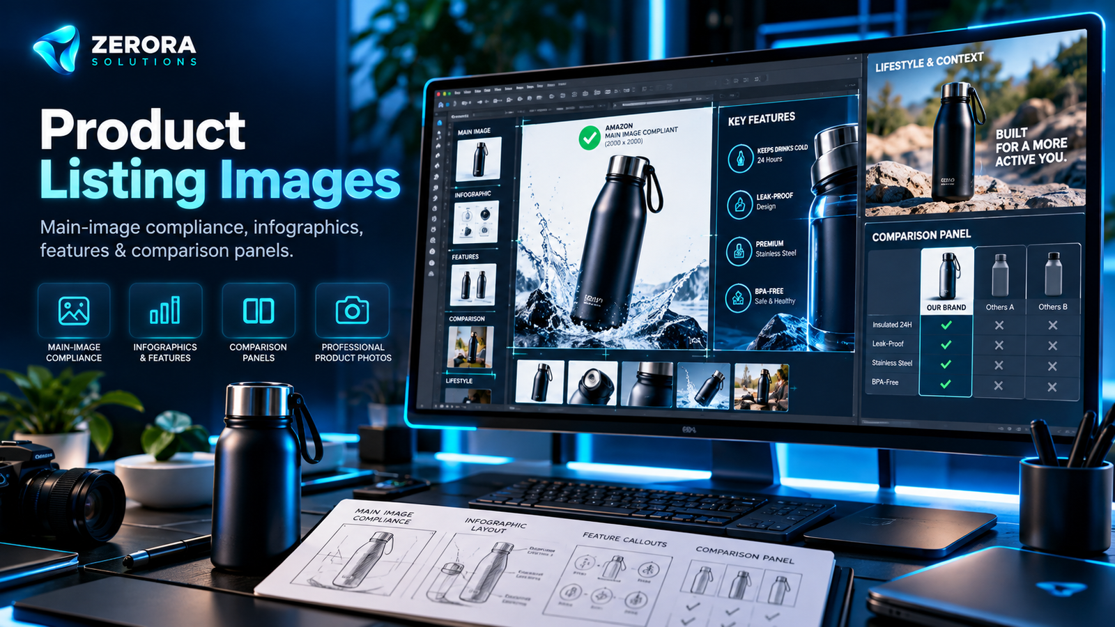 Zerora Solutions product listing images, main image planning, infographics and comparison graphics