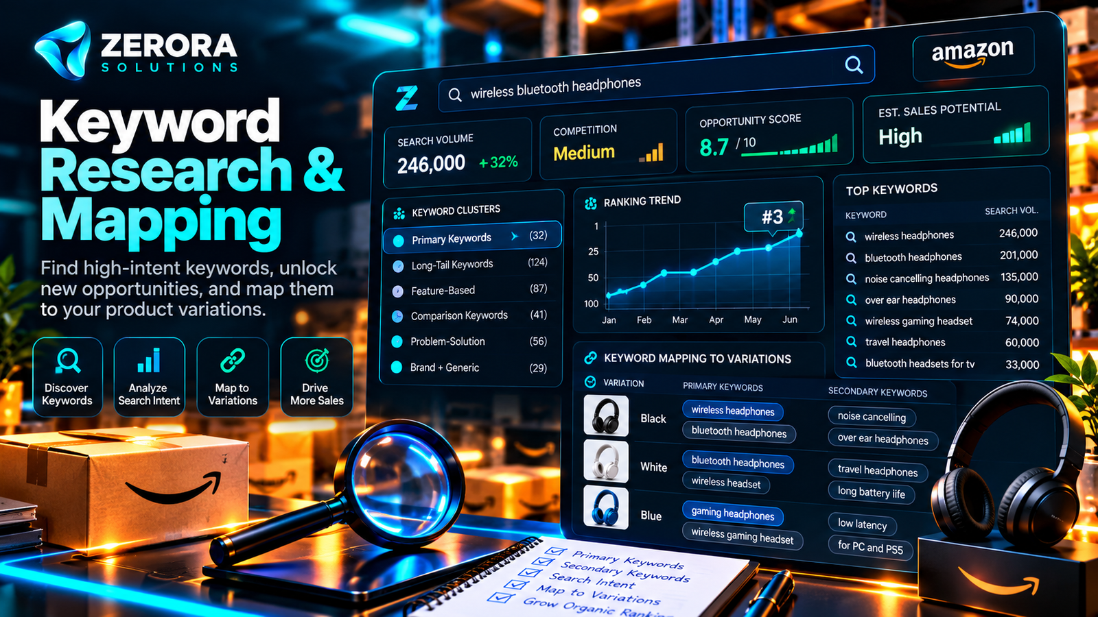 Zerora Solutions illustration of Amazon keyword research, search-intent analysis and keyword mapping to product variations