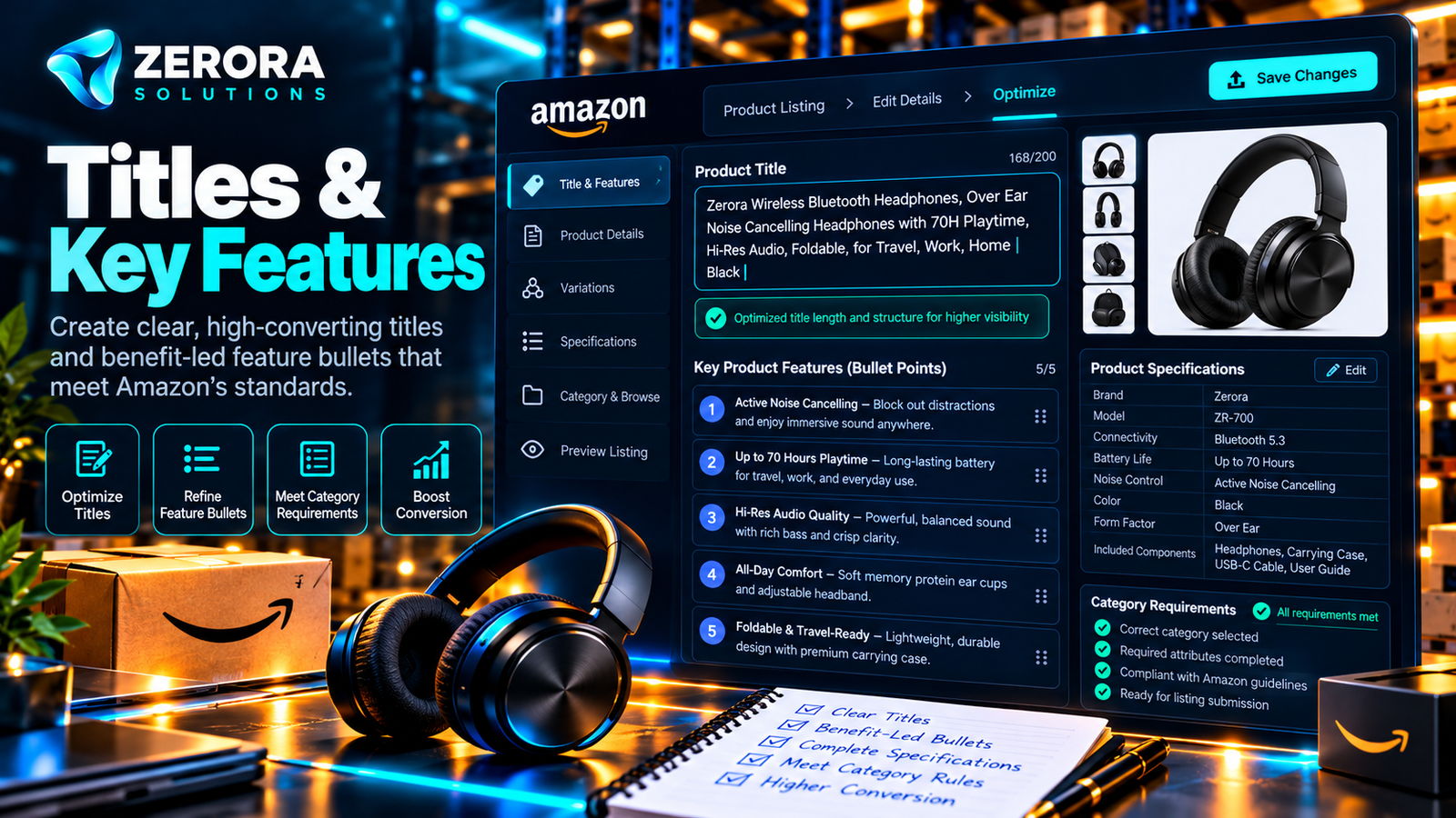 Zerora Solutions illustration of Amazon product listing title and key feature bullet optimization