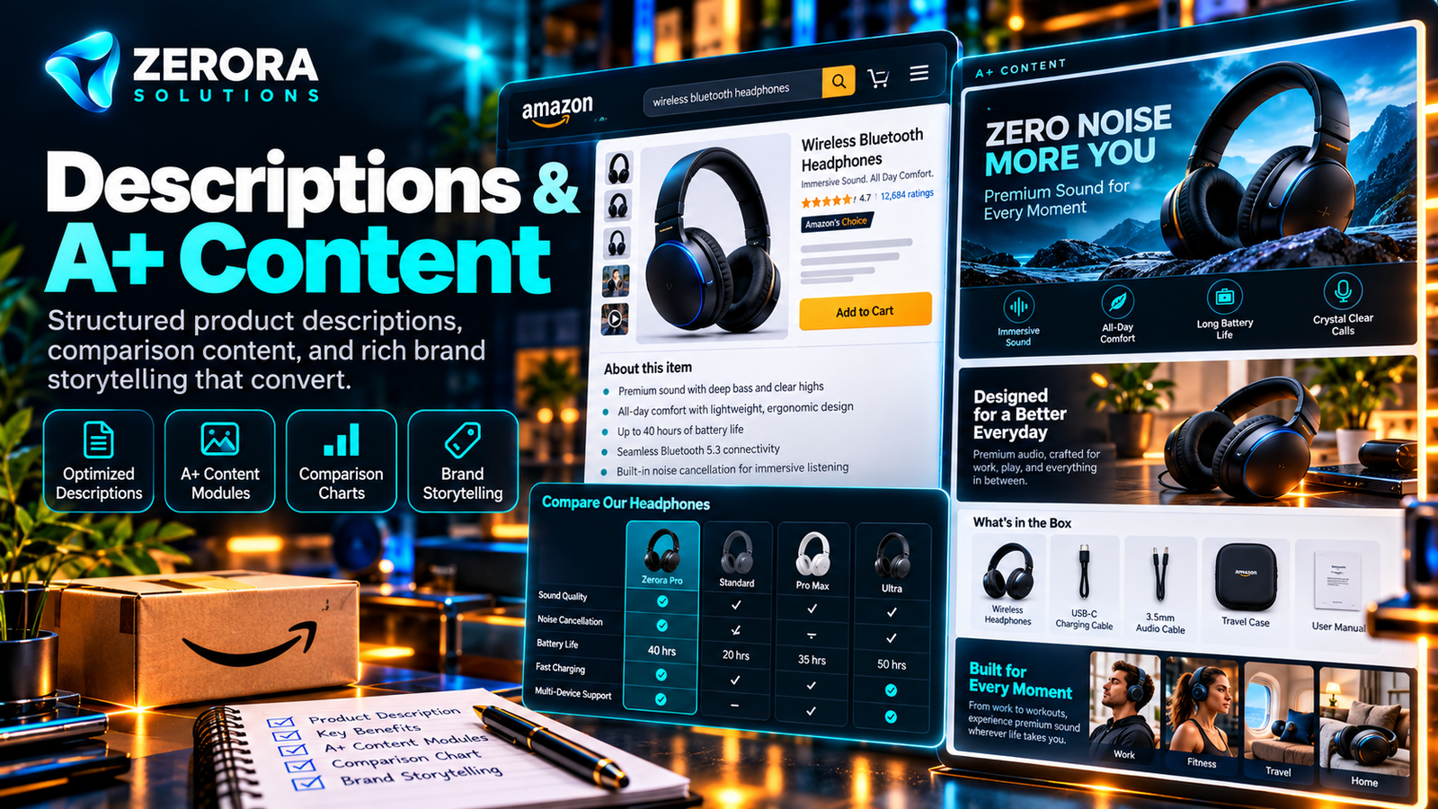 Zerora Solutions illustration of Amazon descriptions, comparison modules and branded A+ content
