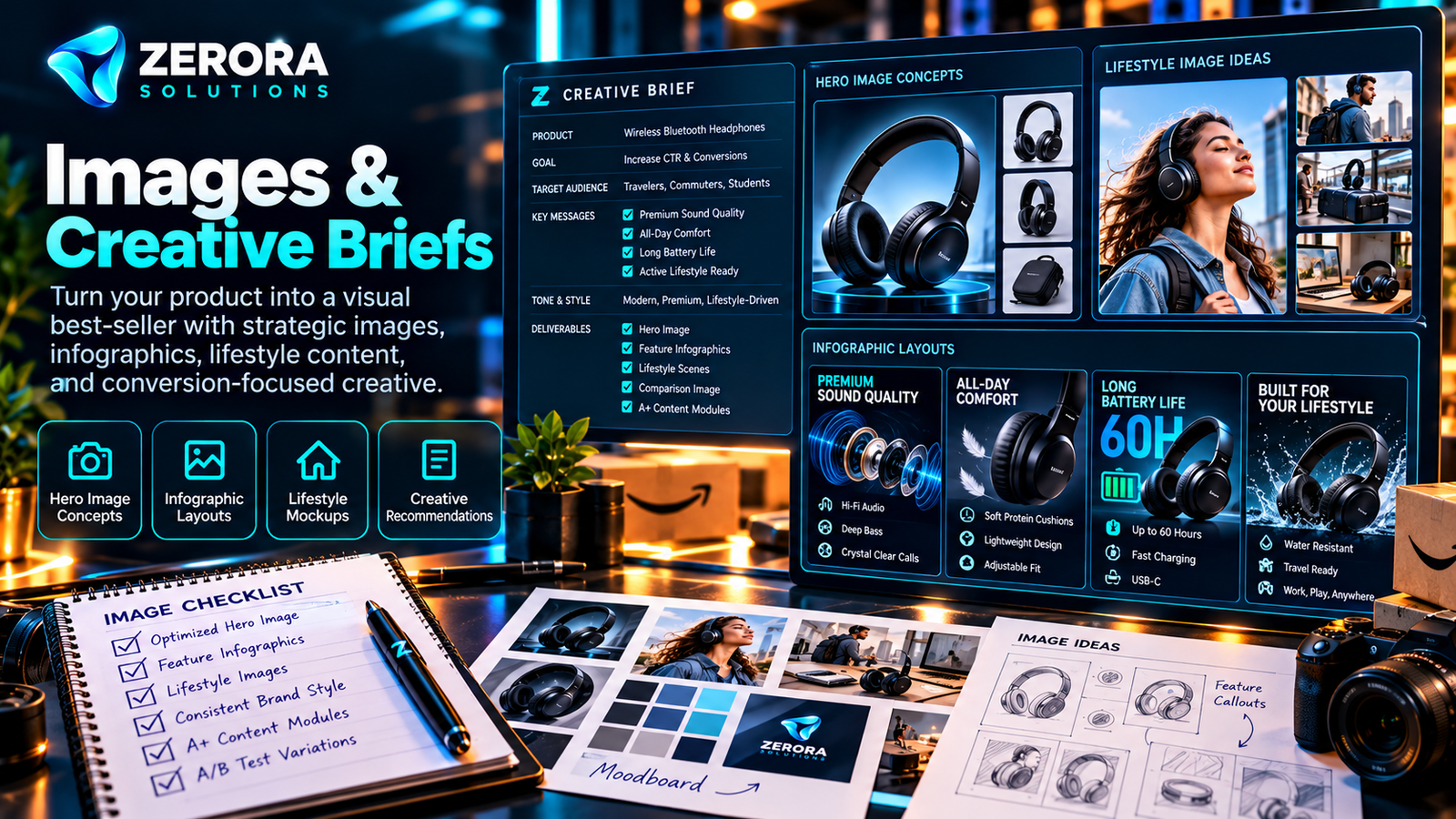 Zerora Solutions illustration of creative briefs, product imagery, infographics and lifestyle image concepts