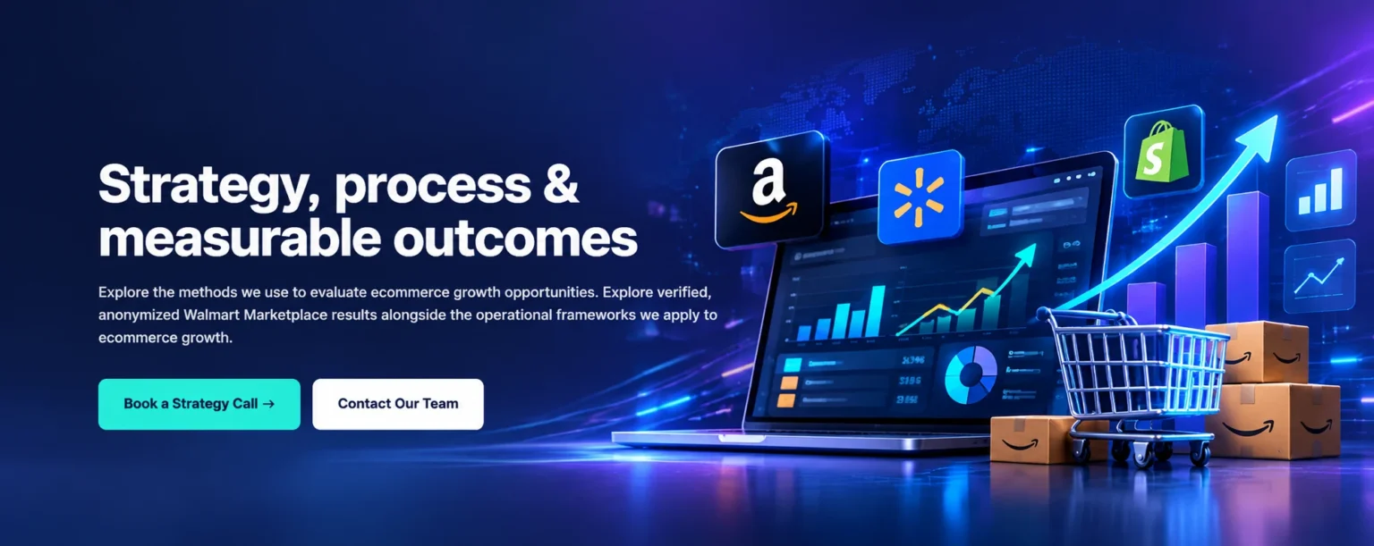 Ecommerce strategy and measurable outcomes graphic with Amazon, Walmart, Shopify and charts, without a duplicated logo or Case Studies title