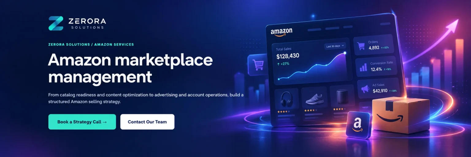 Zerora Solutions Amazon marketplace management banner with ecommerce dashboard concept and marketplace service introduction