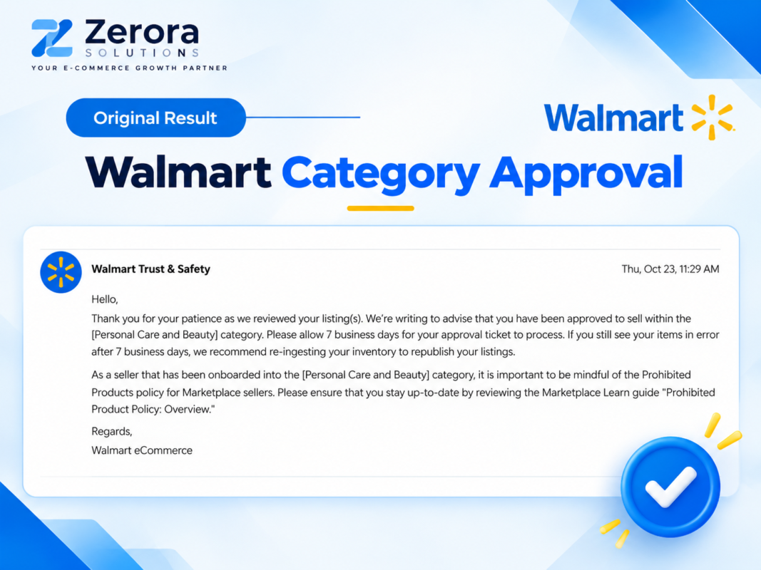 Zerora Solutions branded mockup of a Walmart Personal Care and Beauty category approval notice with no seller company name