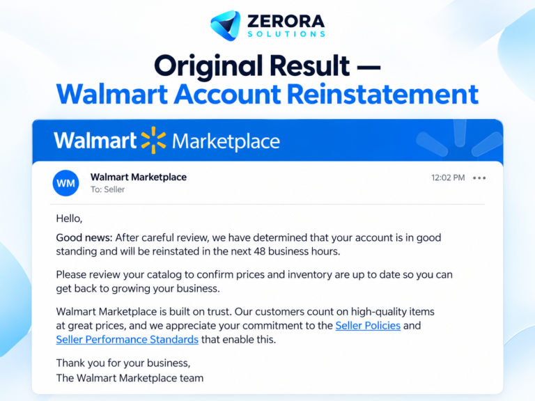 Zerora Solutions anonymized illustrative rendering of Walmart account reinstatement notice on Walmart Marketplace