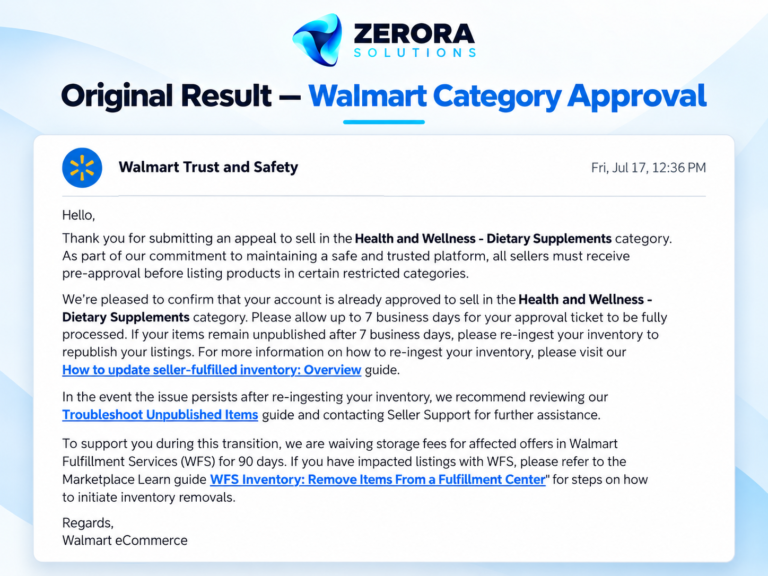 Zerora Solutions anonymized illustrative rendering of Dietary Supplements appeal confirmation notice on Walmart Marketplace