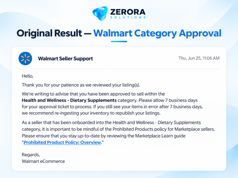 Zerora Solutions anonymized illustrative rendering of Dietary Supplements approval notice on Walmart Marketplace