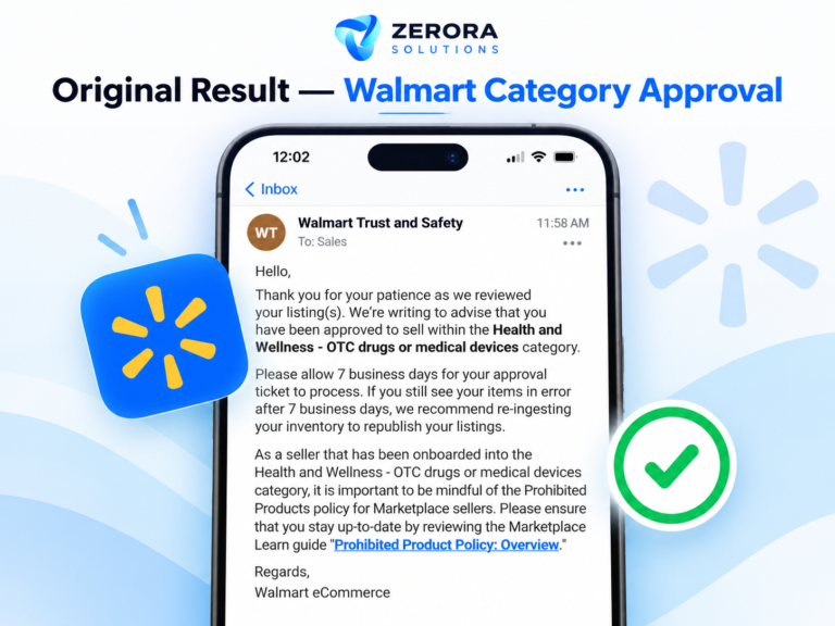 Zerora Solutions anonymized illustrative rendering of OTC drugs or medical devices approval notice on Walmart Marketplace