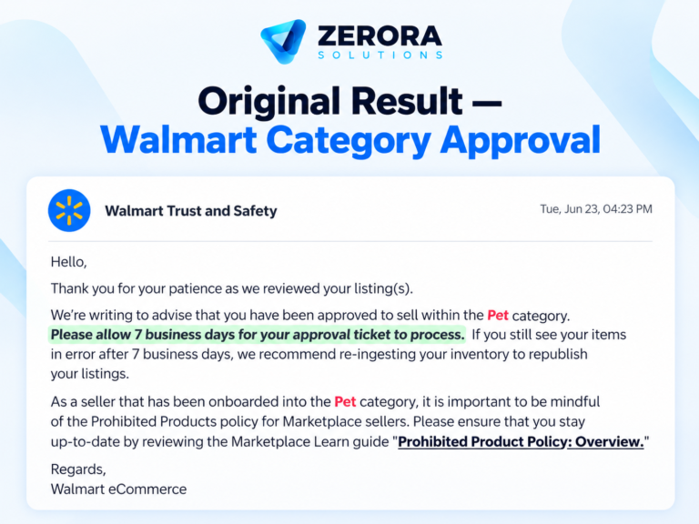 Zerora Solutions anonymized illustrative rendering of Pet category approval notice on Walmart Marketplace