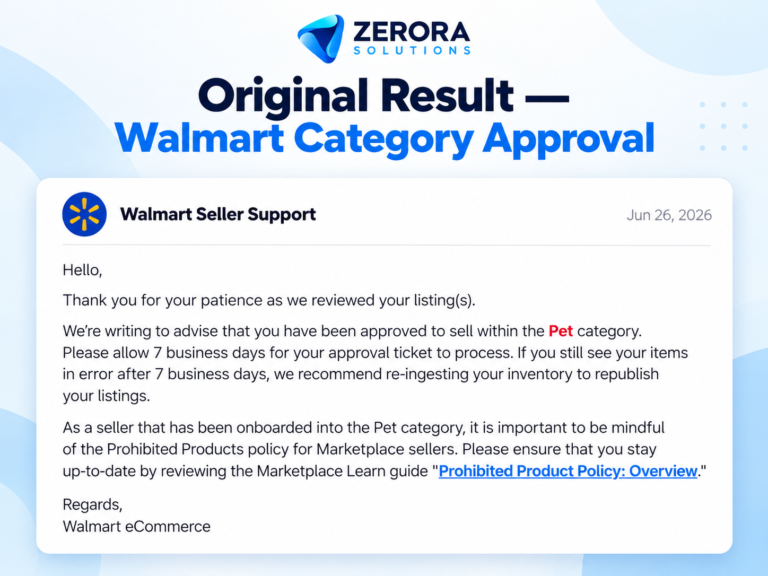 Zerora Solutions anonymized illustrative rendering of Pet category follow-up approval notice on Walmart Marketplace